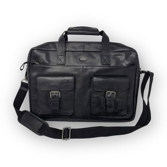 Rawlings Rugged Briefcase Messenger Bag Leather Vintage Black Heritage Stripe - Picture 1 of 8